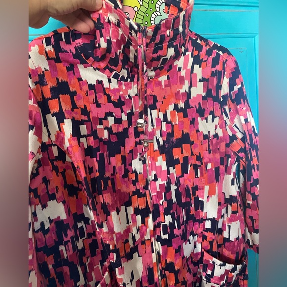 Cotton Stretch Jacket Pockets Statement Collar Zip Designer Pink Blue Print - Picture 6 of 15